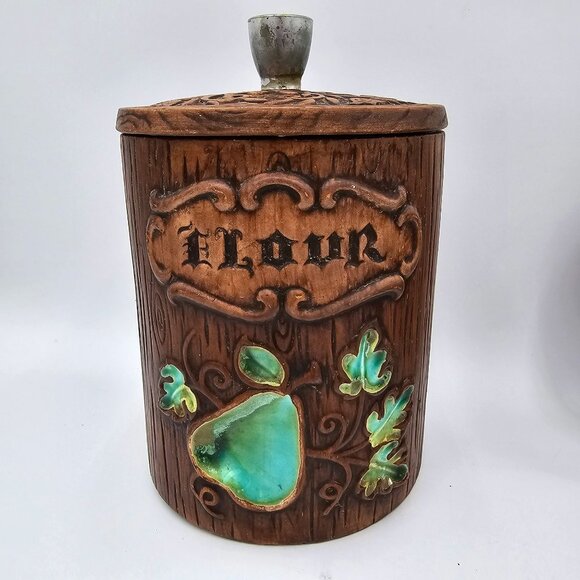 Vintage Treasure Craft US Canister Set - Flour Coffee Tea - Wood Look Ceramic wi - Picture 10 of 14